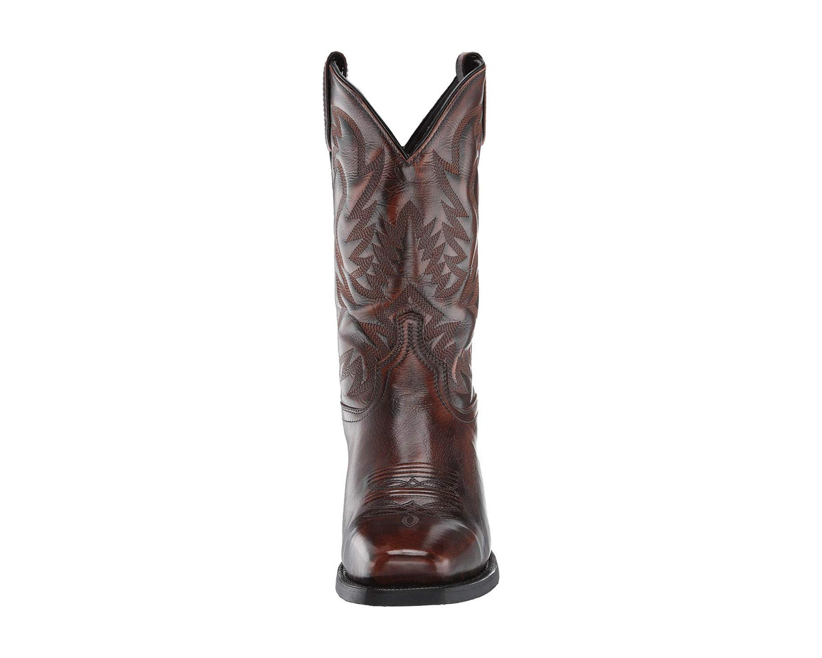 Men's tan cowboy boots standing side view with tall embroidered shaft and rounded toe