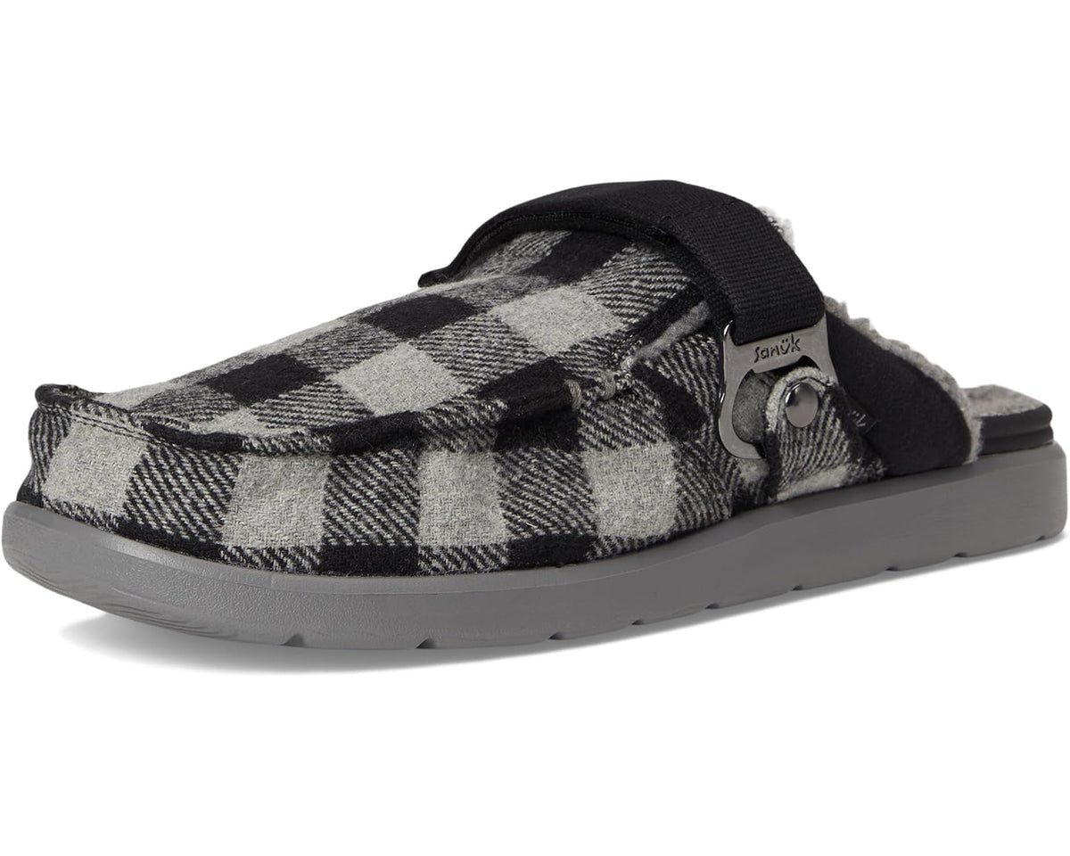 Men's plaid slip-on sandal with black strap and gray rubber outsole