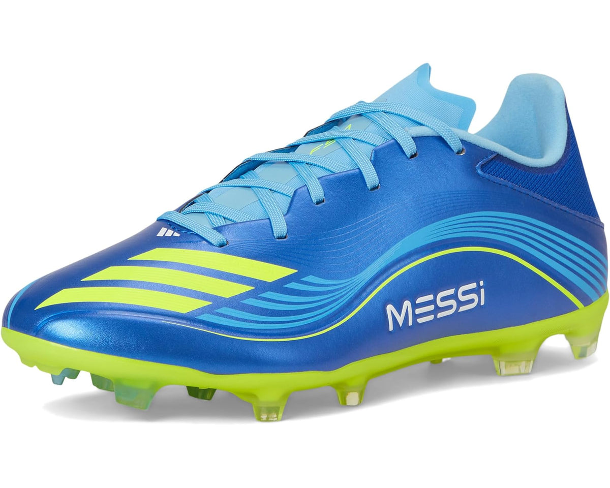 Unisex adidas F50 Messi firm-ground cleats, blue with neon green heel and motion stripe design
