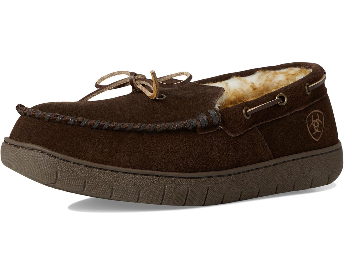 Men's dark brown suede moc slipper with shearling lining and lace-up front