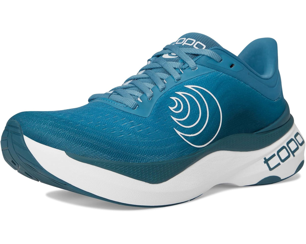 Blue and white lace-up running shoe with side emblem and thick cushioned sole