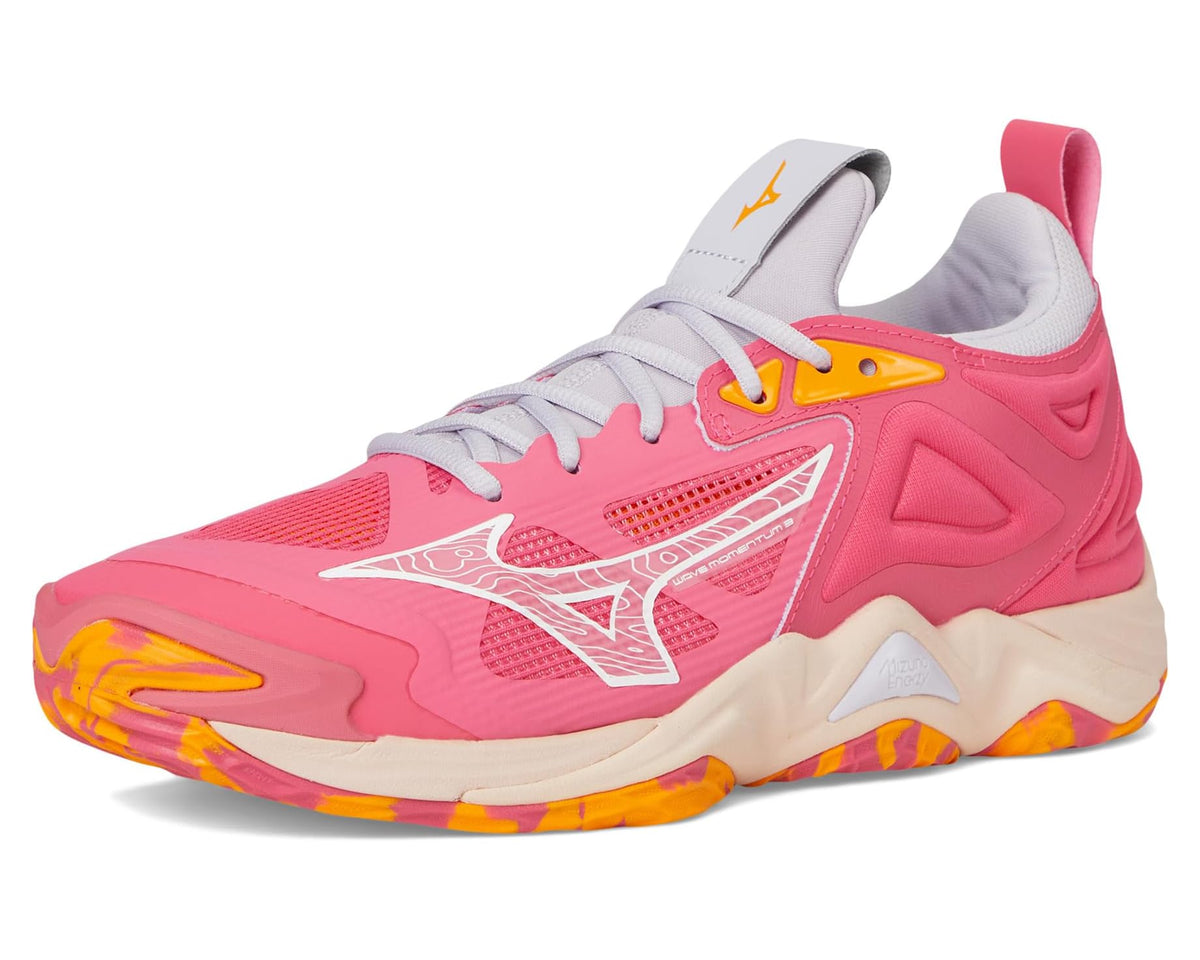 Unisex Mizuno Wave Momentum 3 running shoe, front side view with pink laces and white logo.