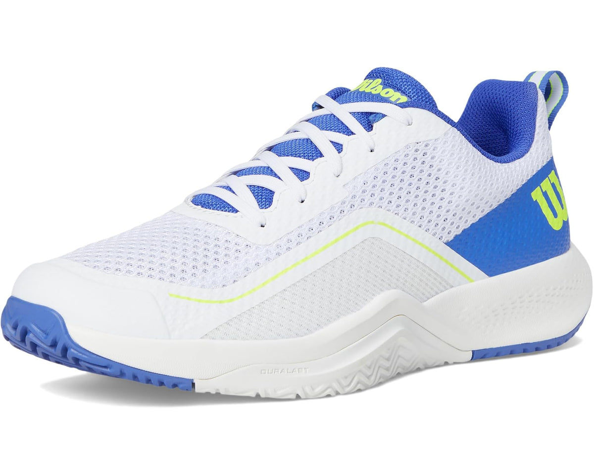 Men's white and blue mesh lace-up running shoes, angled side view with blue collar