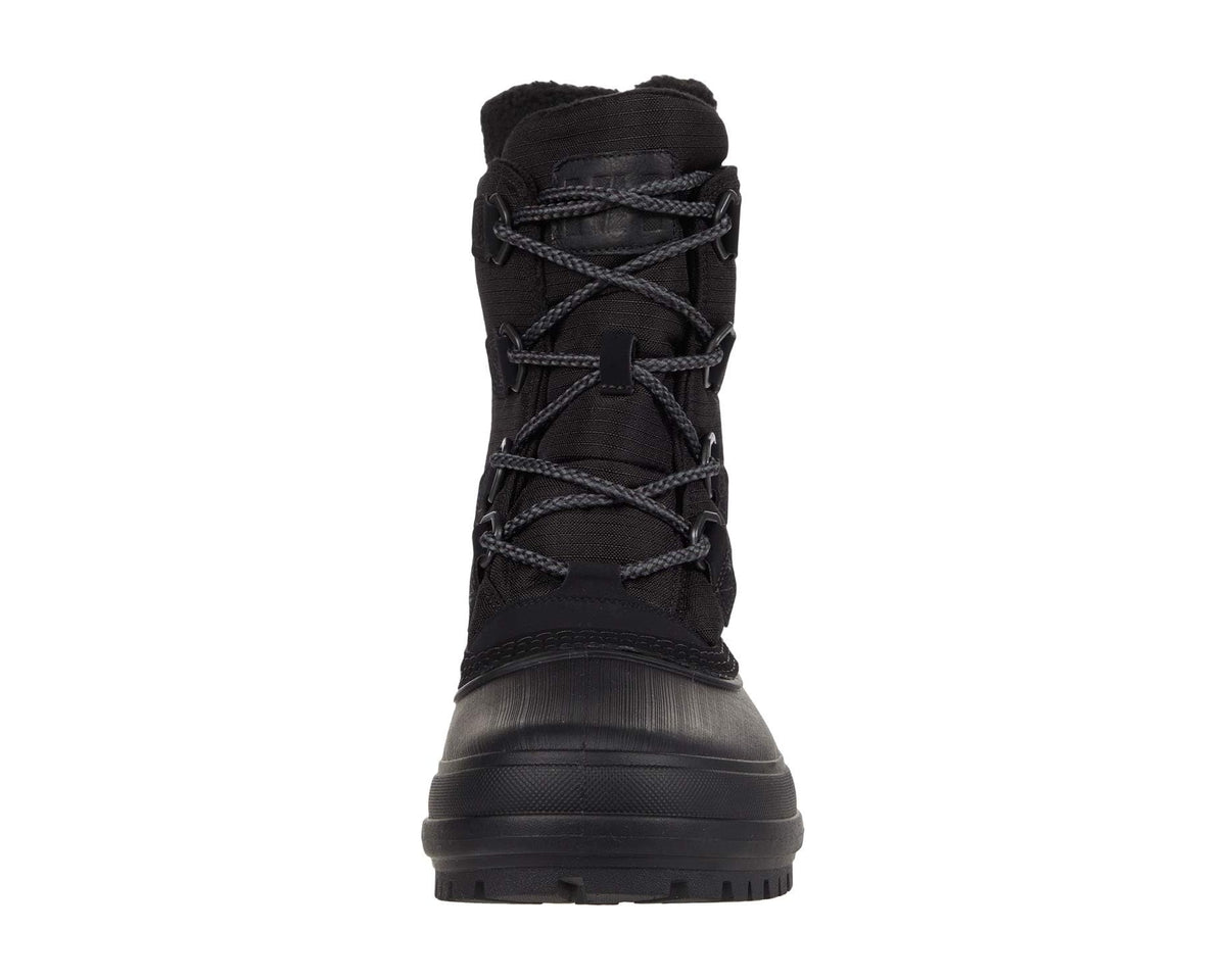 Black lace-up winter boot, rear view with padded collar and fur trim