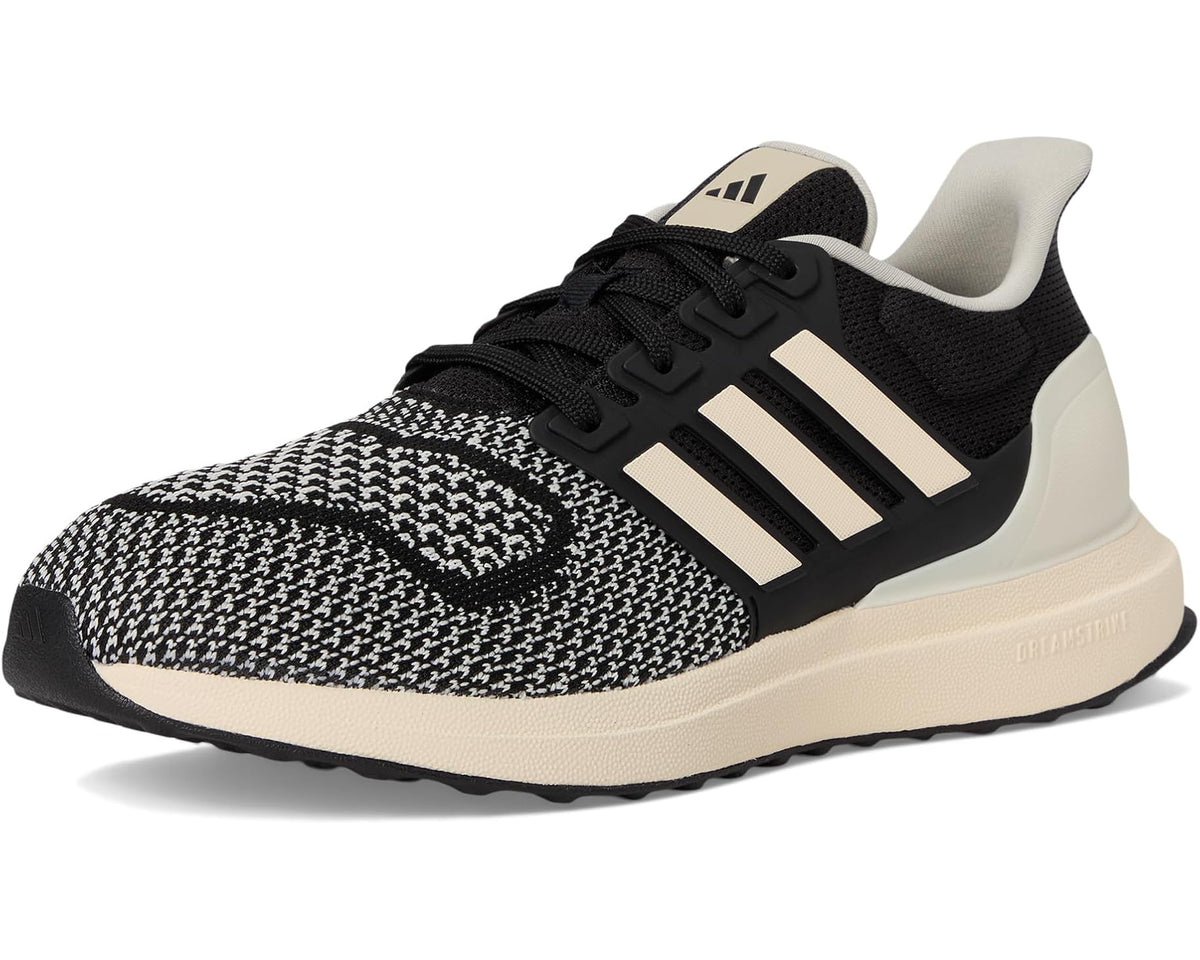 Men's adidas running shoe, front 3/4 view with black knit and cream sole
