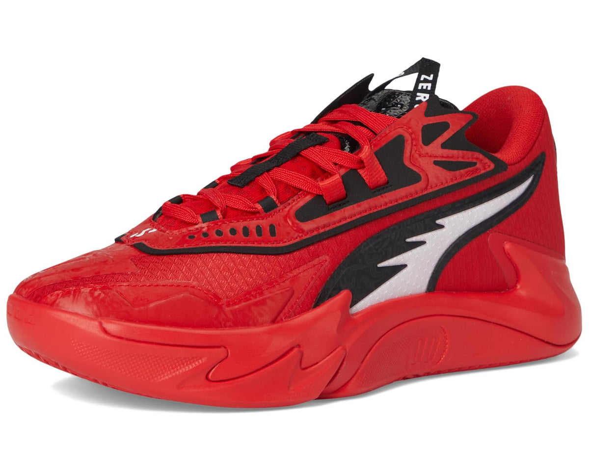 Men's PUMA basketball shoes side view, red upper with black overlays and white stripe.