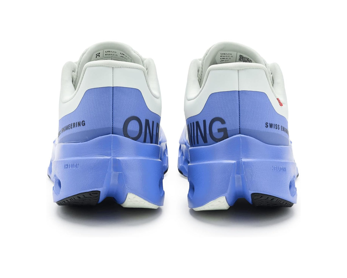 Back view of men's On running shoes with white heel tab and blue midsole