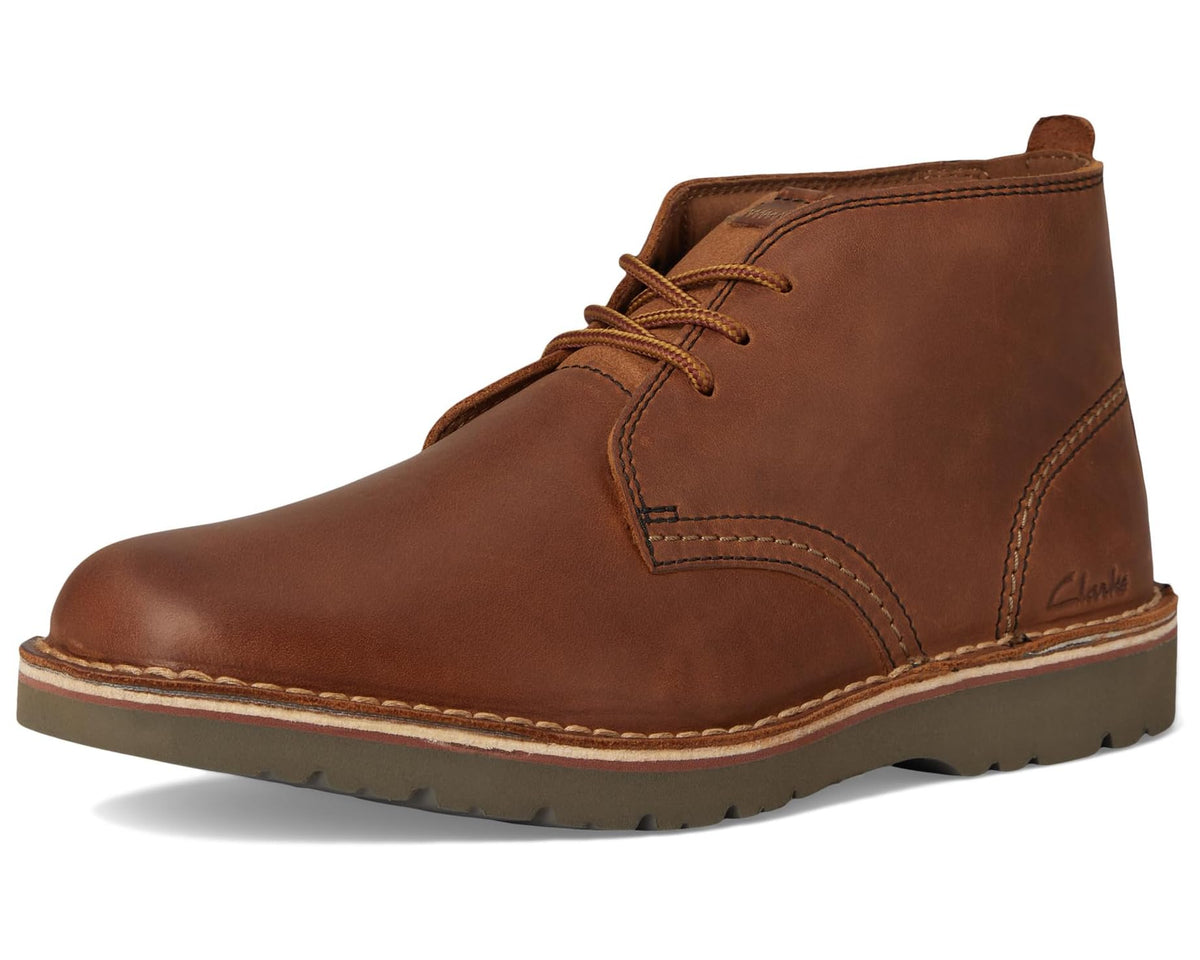 Men's Clarks lace-up chukka boots, light brown leather with rubber lug sole