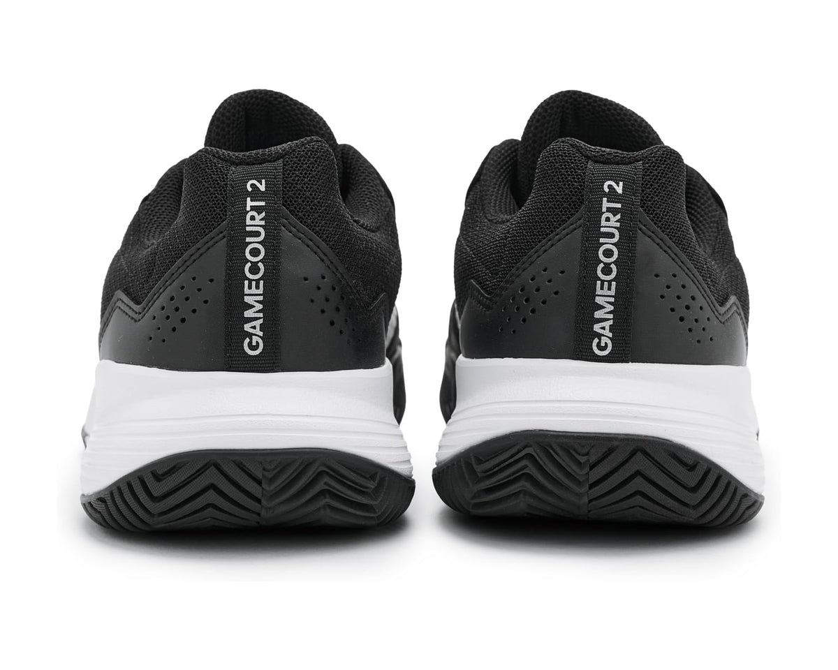 Black adidas tennis shoes with GAMECOURT 2 heel branding and white sole