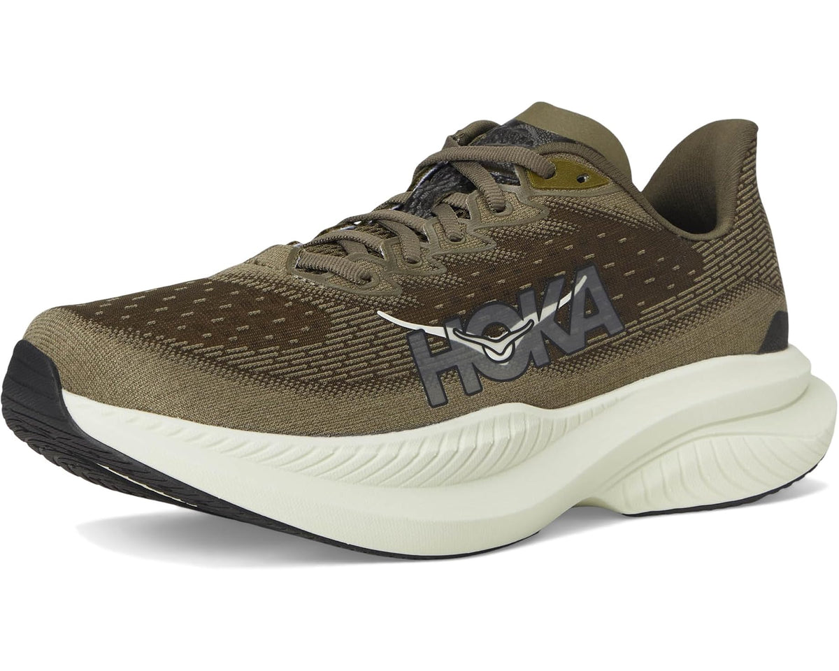 Men's HOKA running shoe side profile, olive-brown knit with white midsole, lace-up