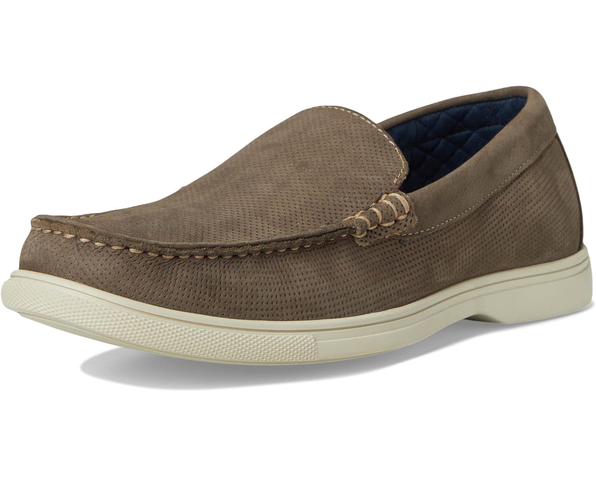 Men's taupe slip-on deck shoe angled view with moc stitching and low profile sole