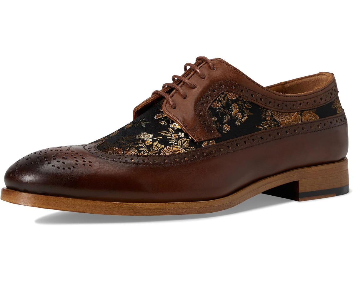 Lace-up brown oxford dress shoes with floral brocade vamp and perforated toe