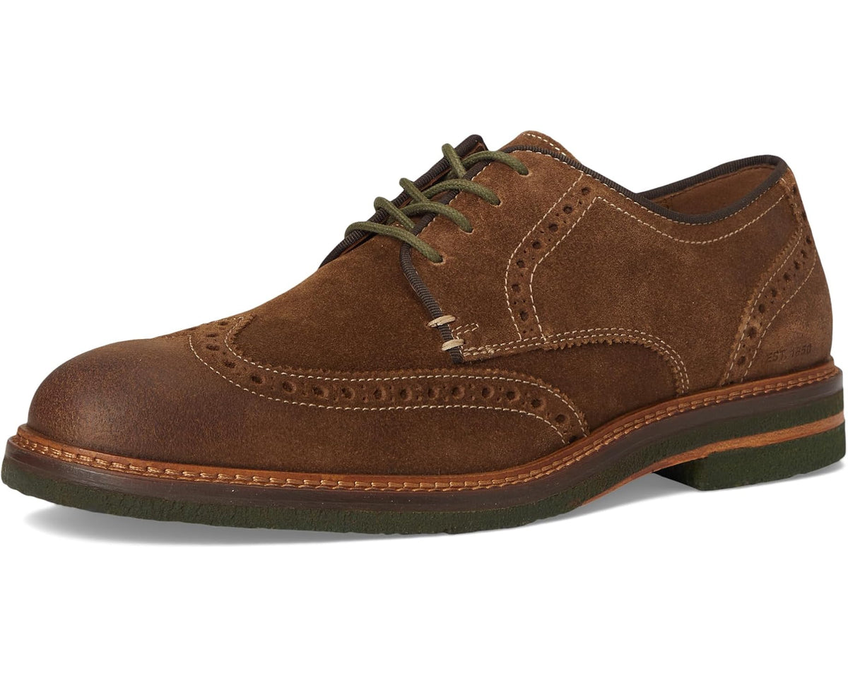 Men's Johnston & Murphy wingtip suede lace-up shoes, snuff brown with green laces