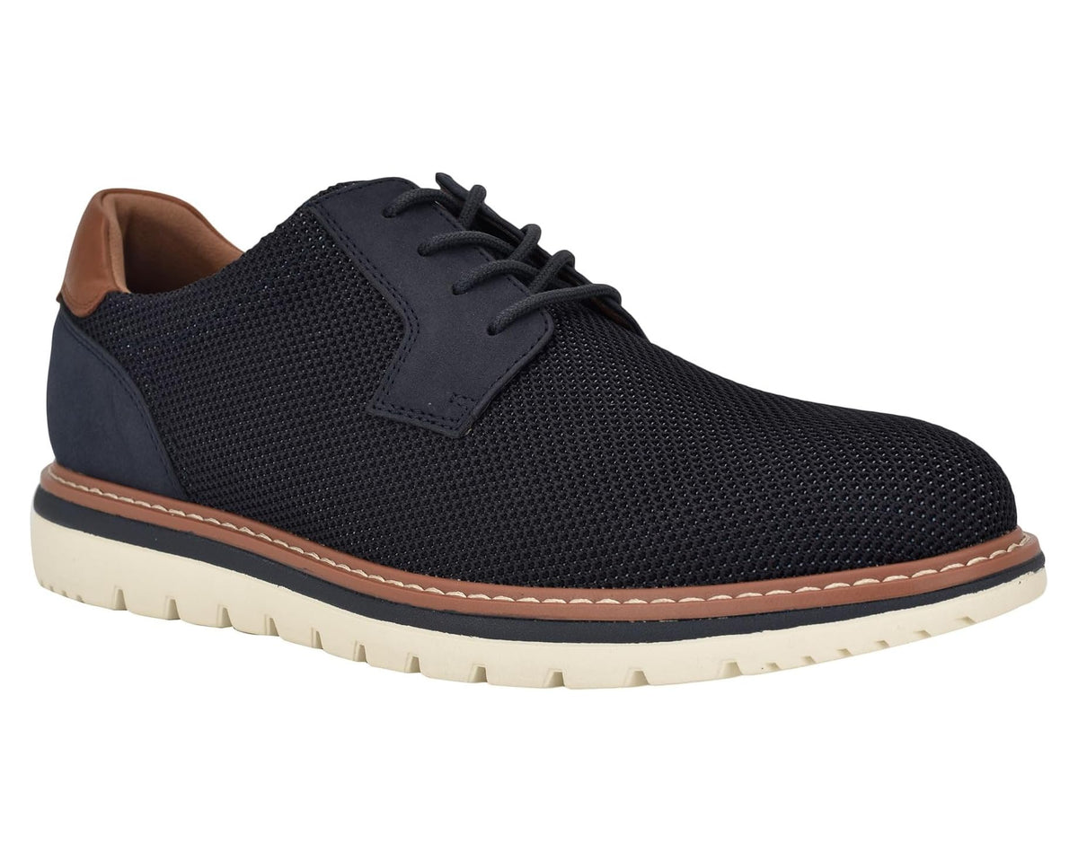 Men's Tommy Hilfiger navy knit low-top sneaker with brown leather heel, lace-up