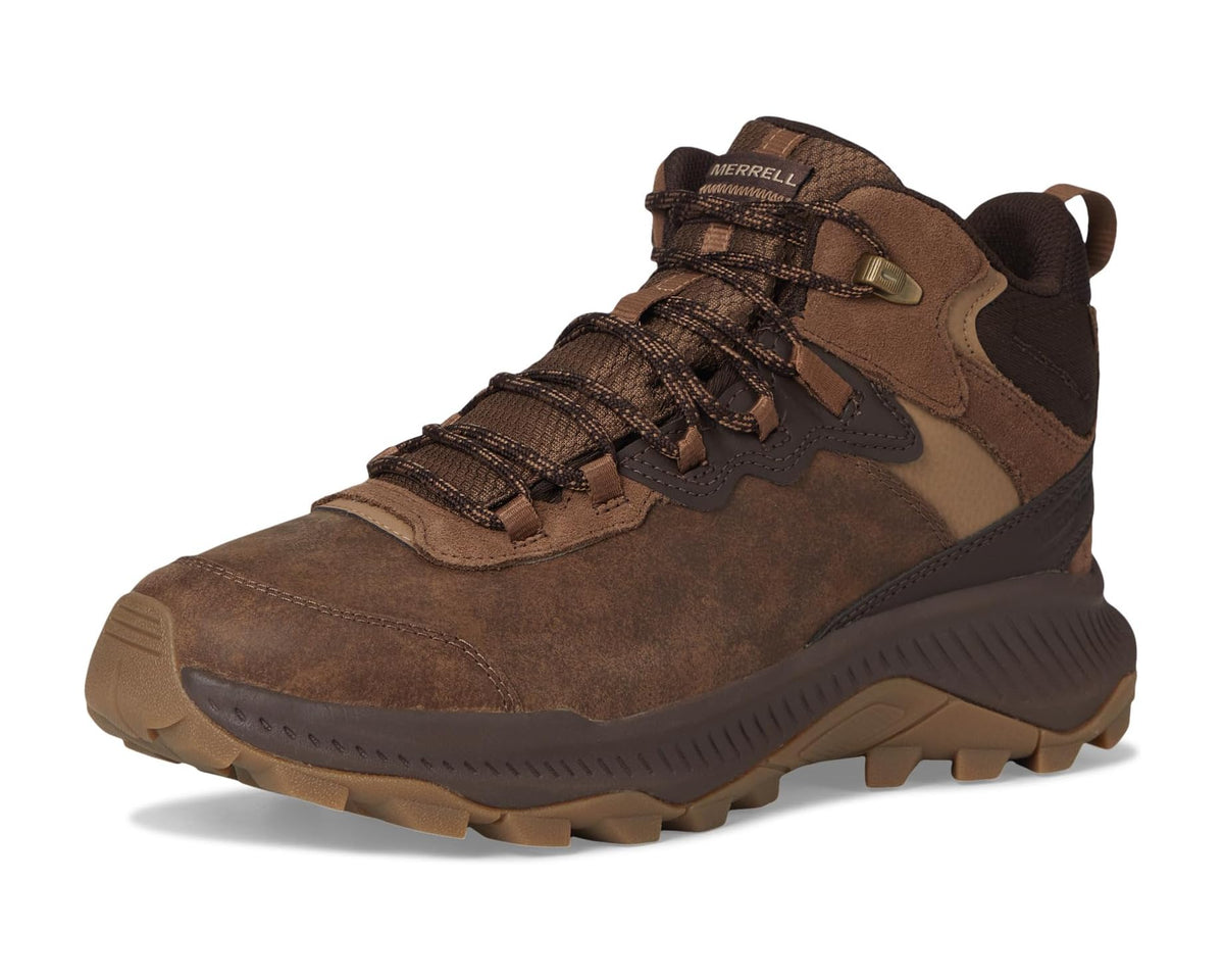 Men's Merrell mid waterproof boot front view, mole brown trail styling