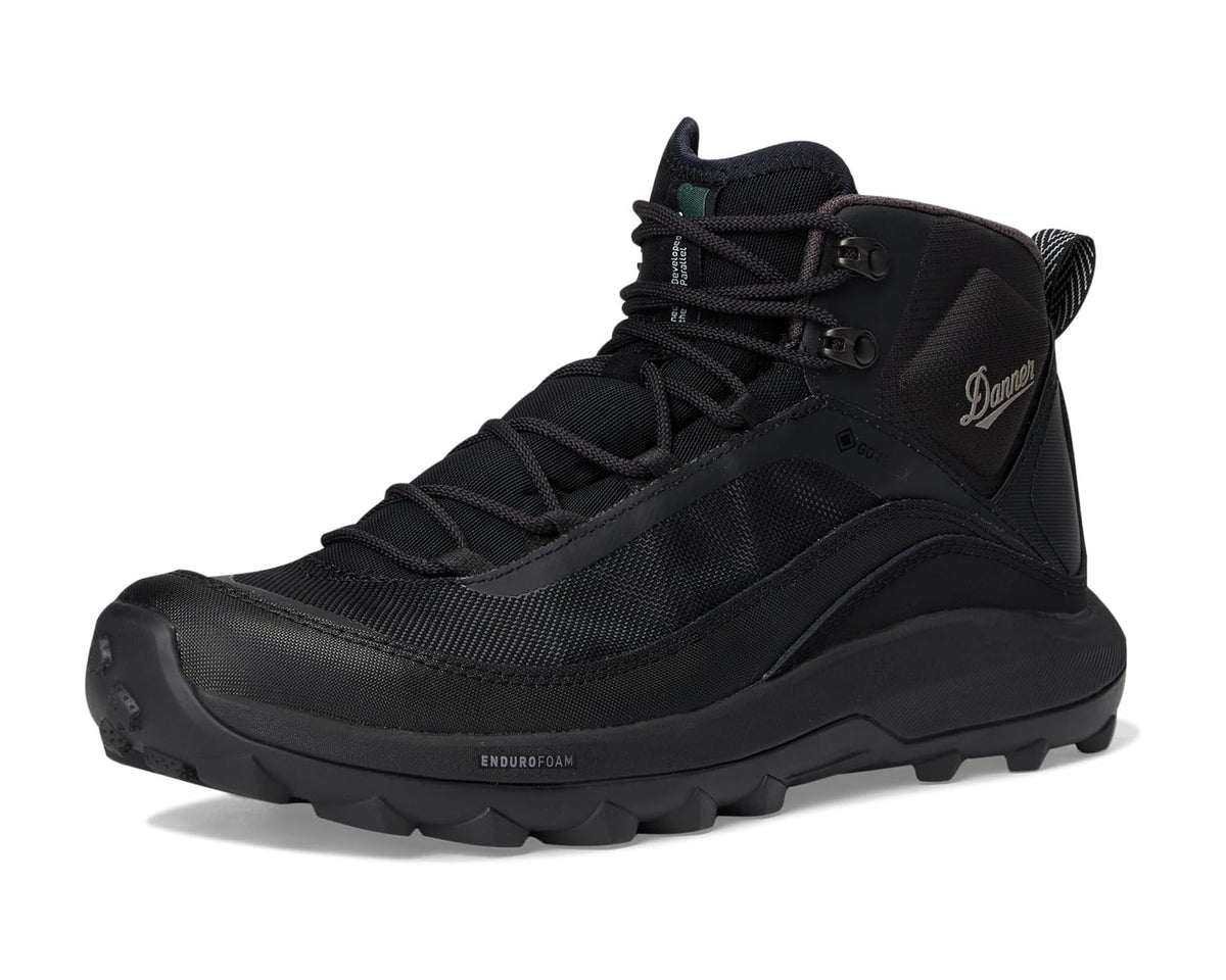 Jet Black mid-top hiking boot with lace-up front and durable rubber outsole