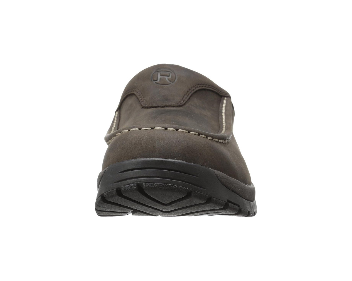 Brown moc-toe mule heel with molded R logo and rugged rubber sole