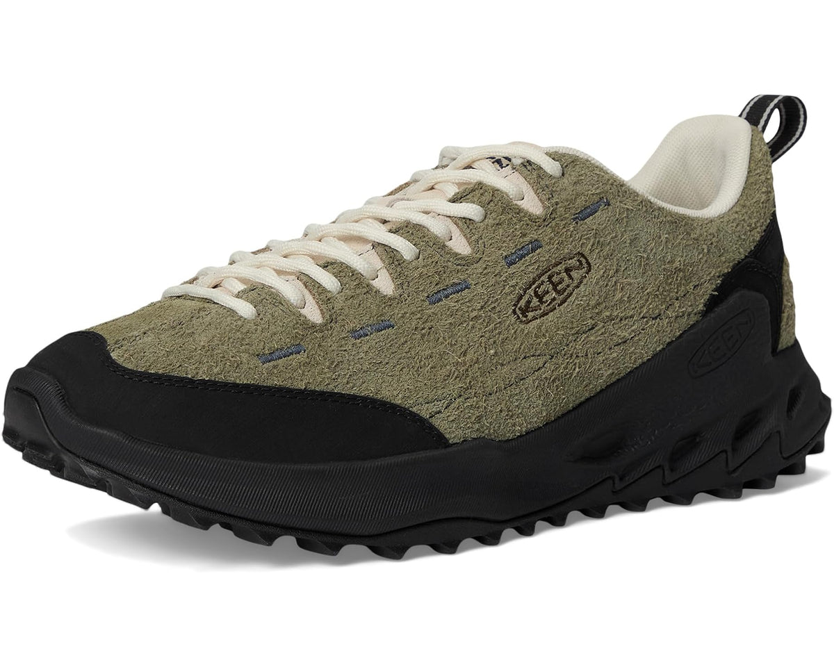 Front three-quarter view of KEEN lace-up hiking shoe in dark olive suede and black sole
