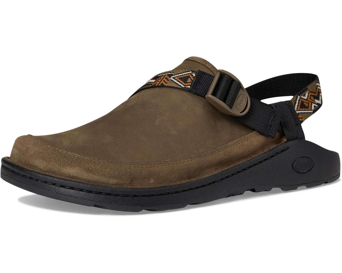 Leather clog sandal in hickory with adjustable black strap and geometric woven accents