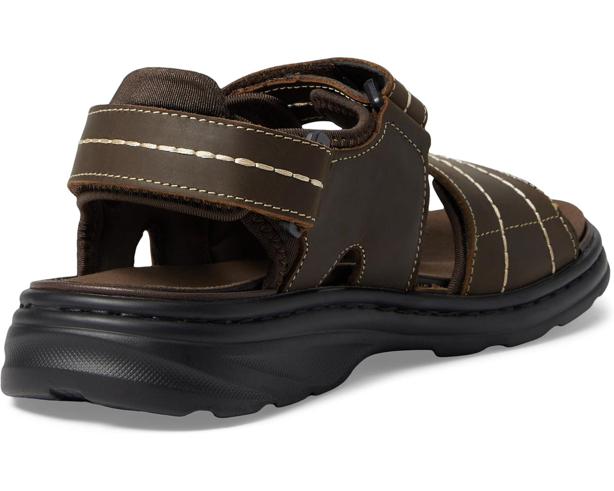 Brown men's sport sandals with cushioned heel collar and stitched forefoot straps, back view