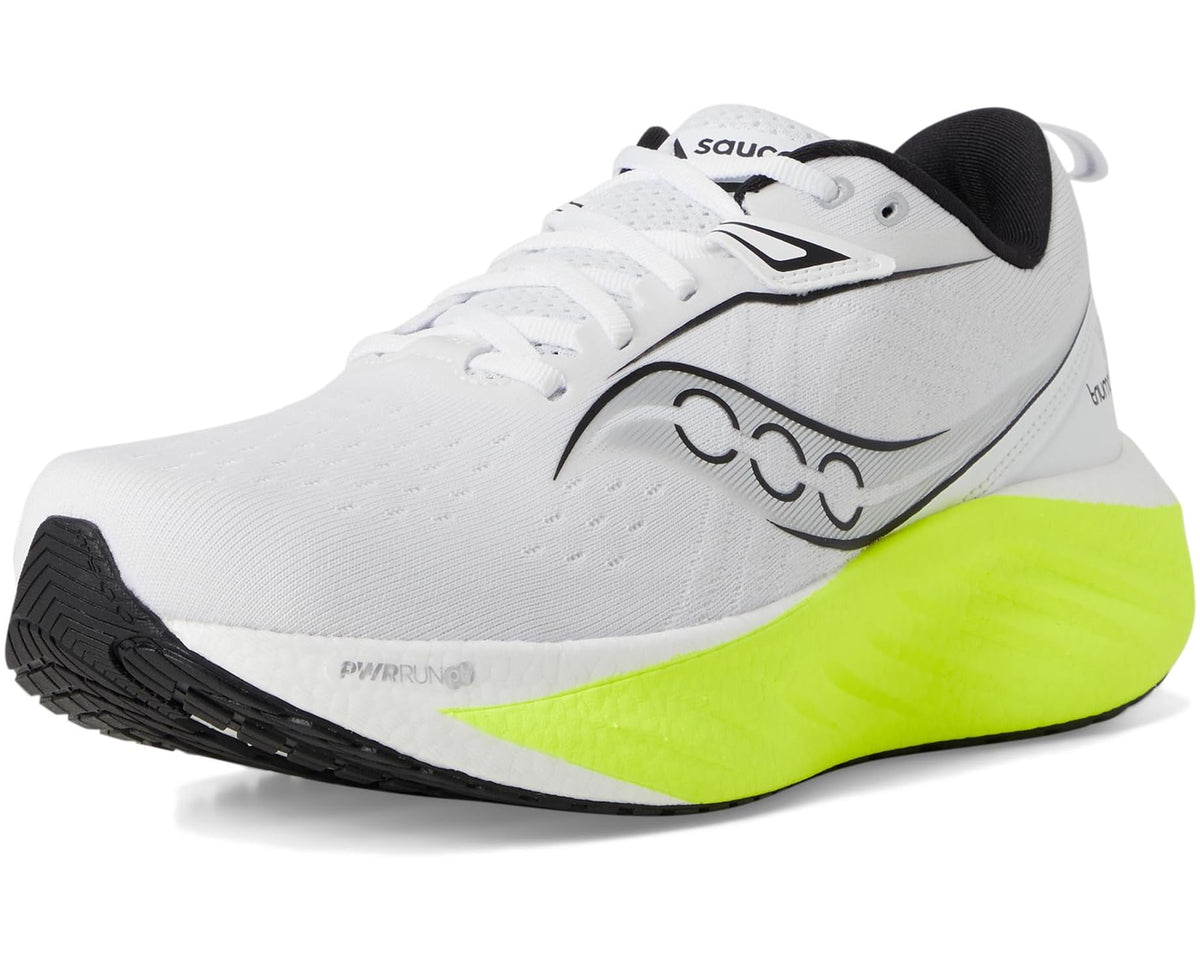 White and citron men's lace-up running shoes with black logo and sculpted outsole