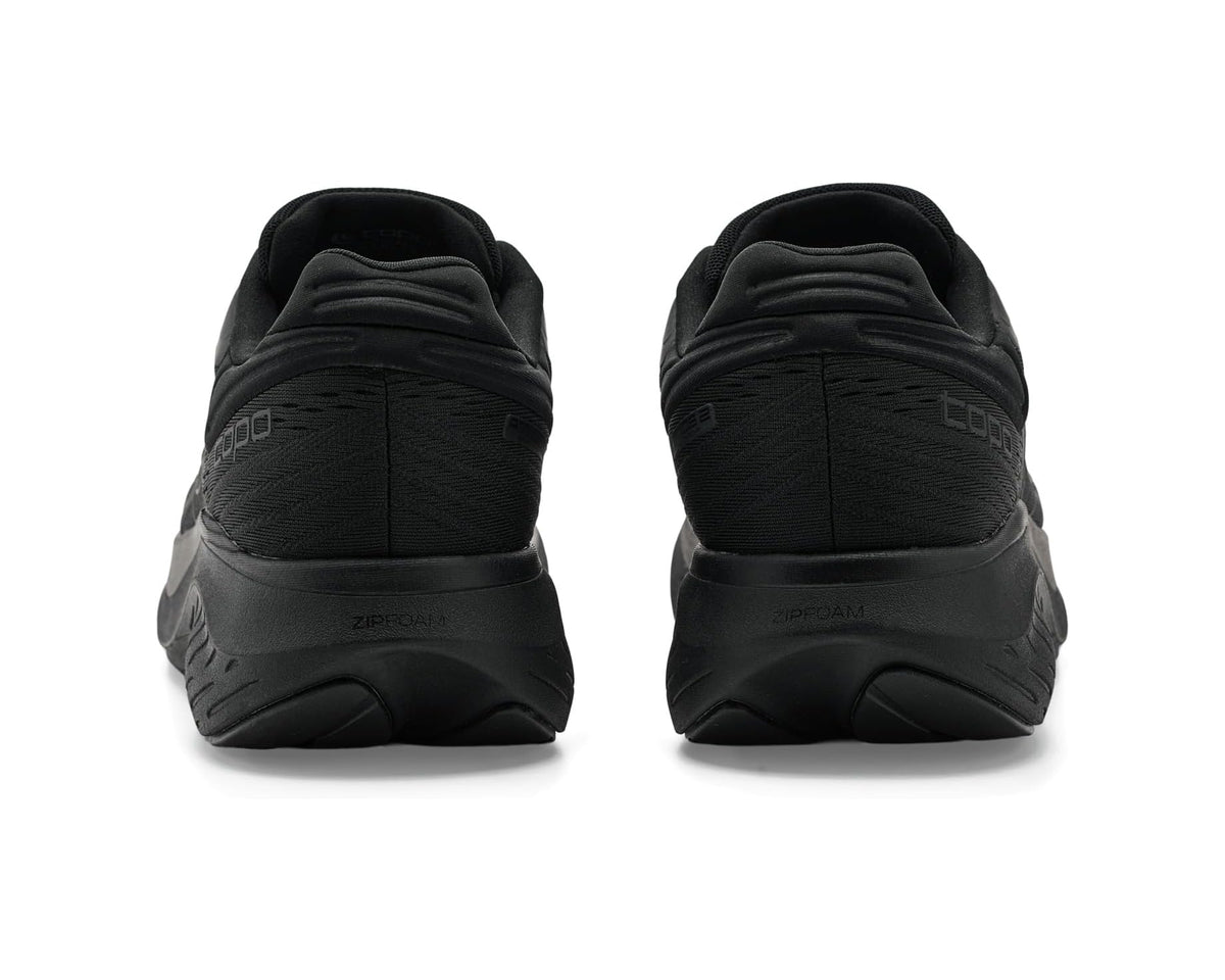 Men's black lace-up running shoes, heel view with padded back and cushioned sole.