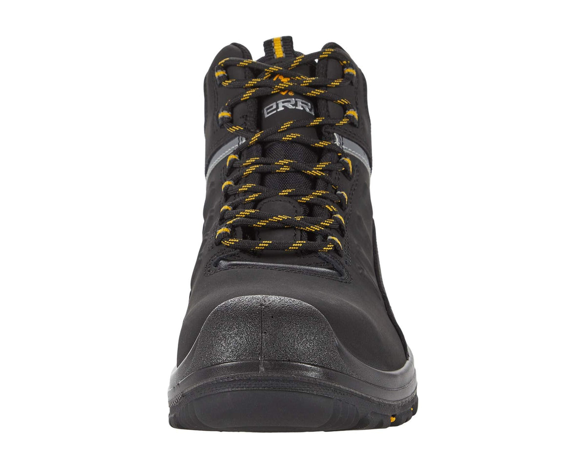 Men's black lace-up work boot with yellow-accented laces and cushioned toe