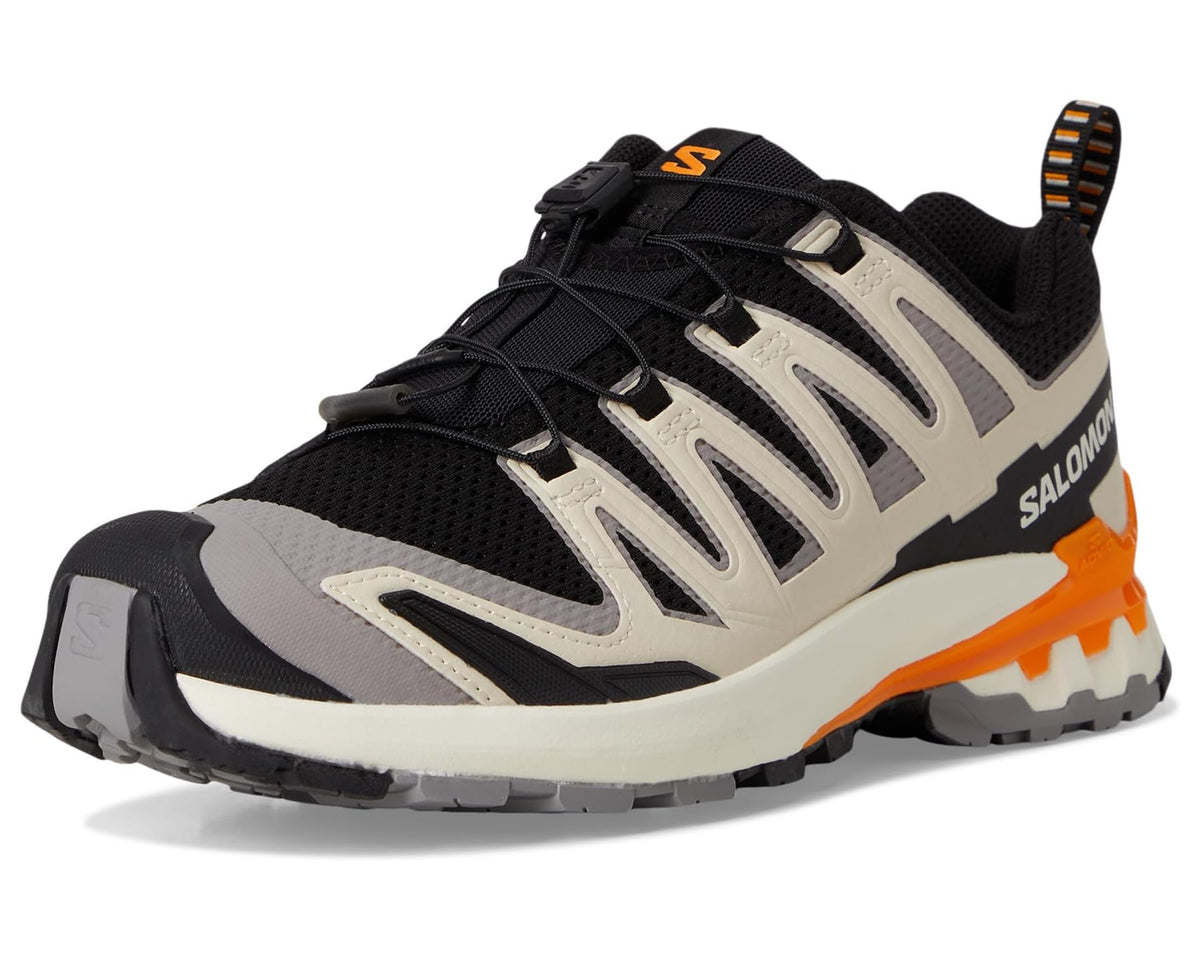Men's trail running shoe front three-quarter view with black laces and orange midsole stripe.