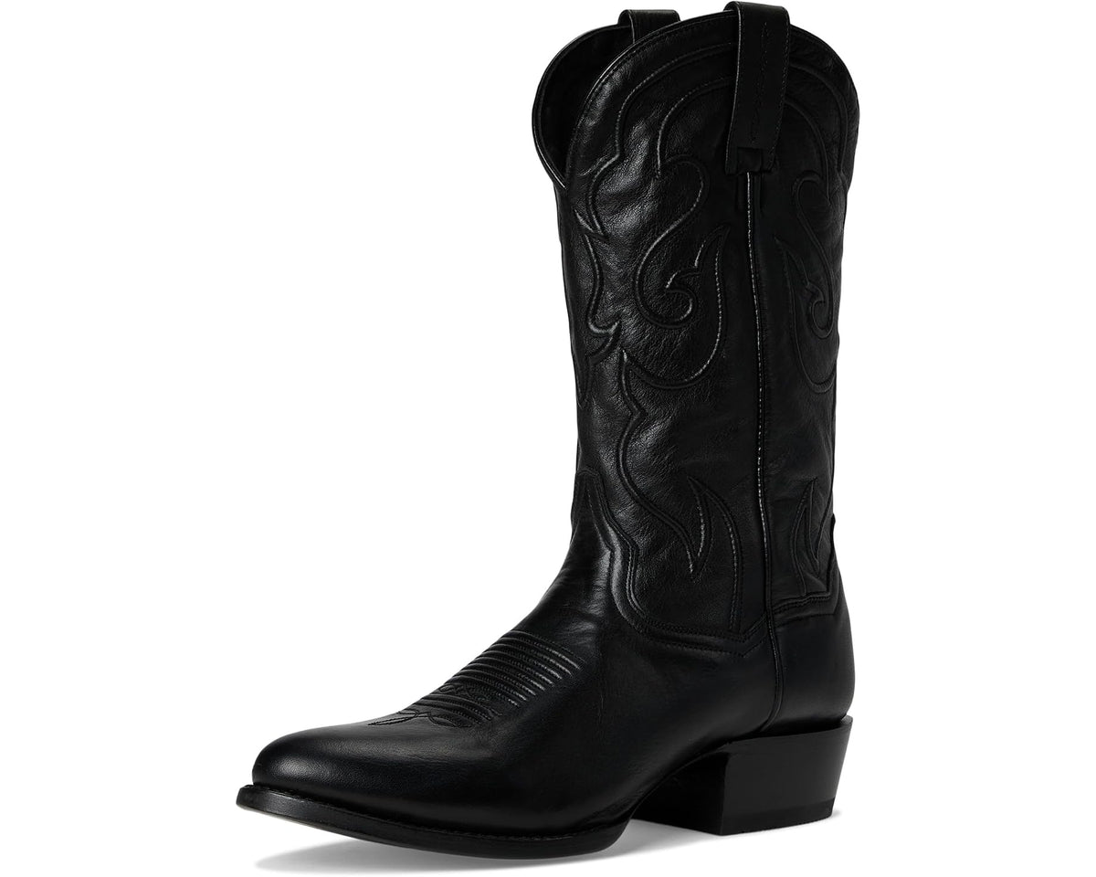 Black leather cowboy boots with tall shaft, pointed toe, and stacked heel