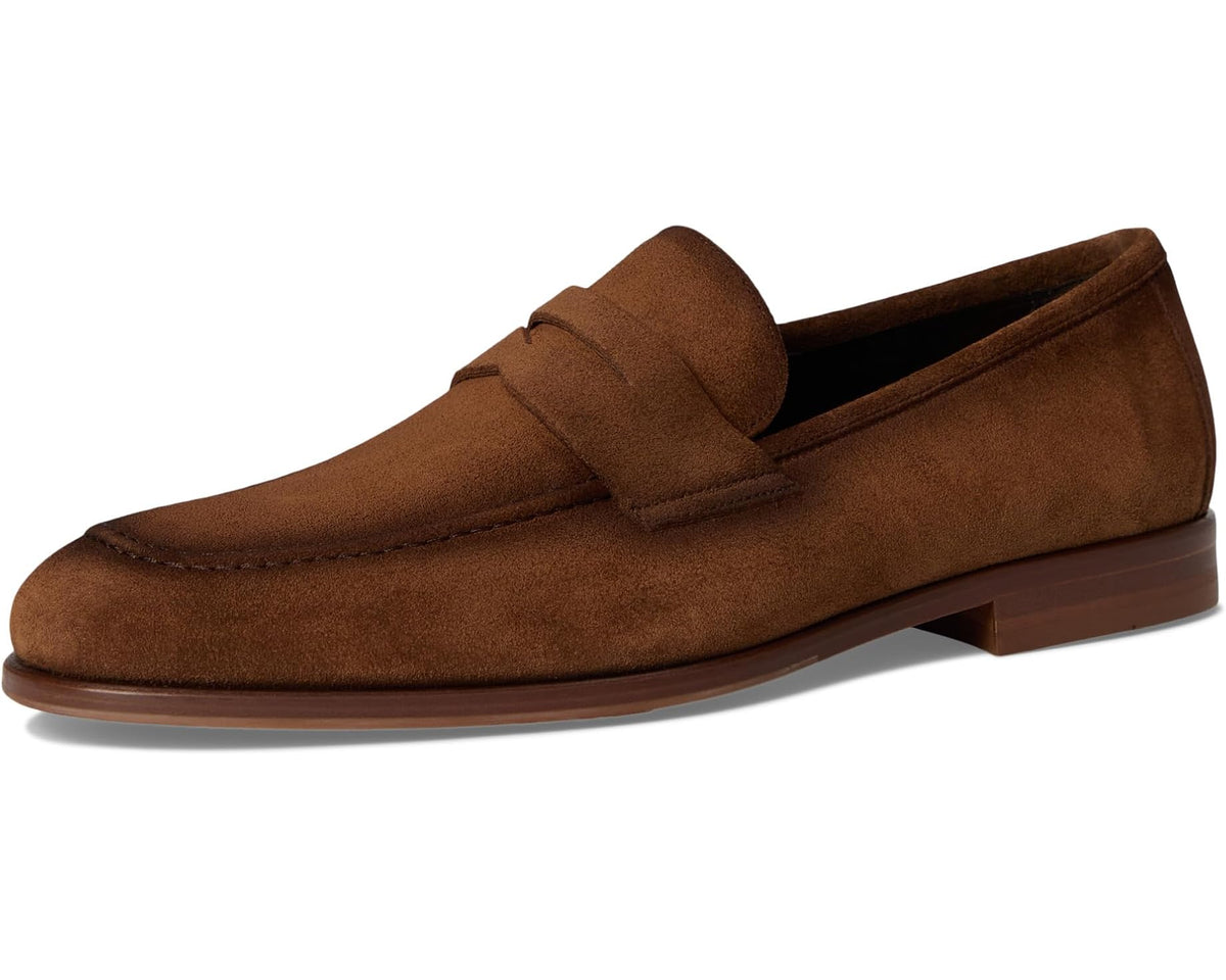 Chocolate suede loafer angled front view with strap across vamp and brown sole