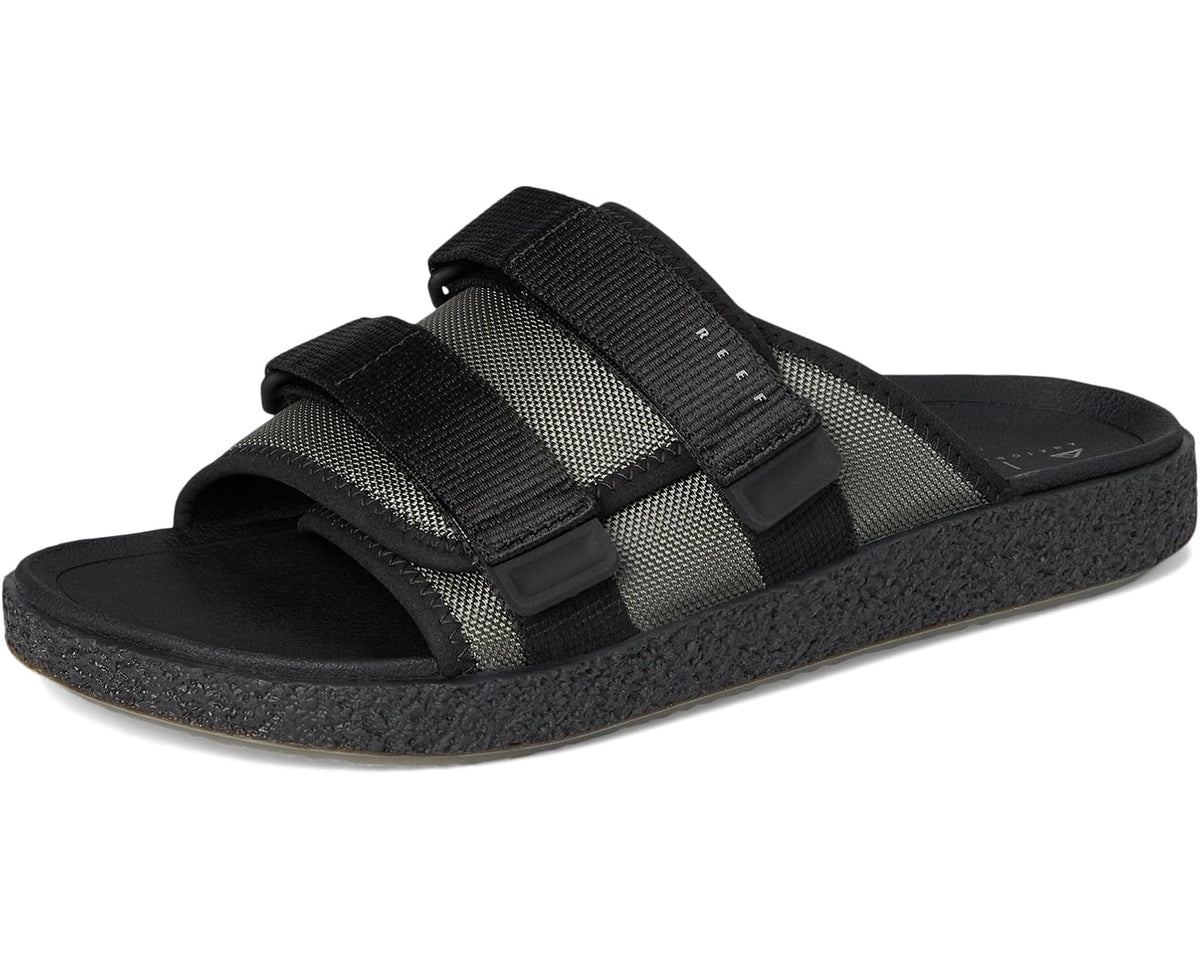 Olive and black slide sandals with wide straps and textured rubber footbed