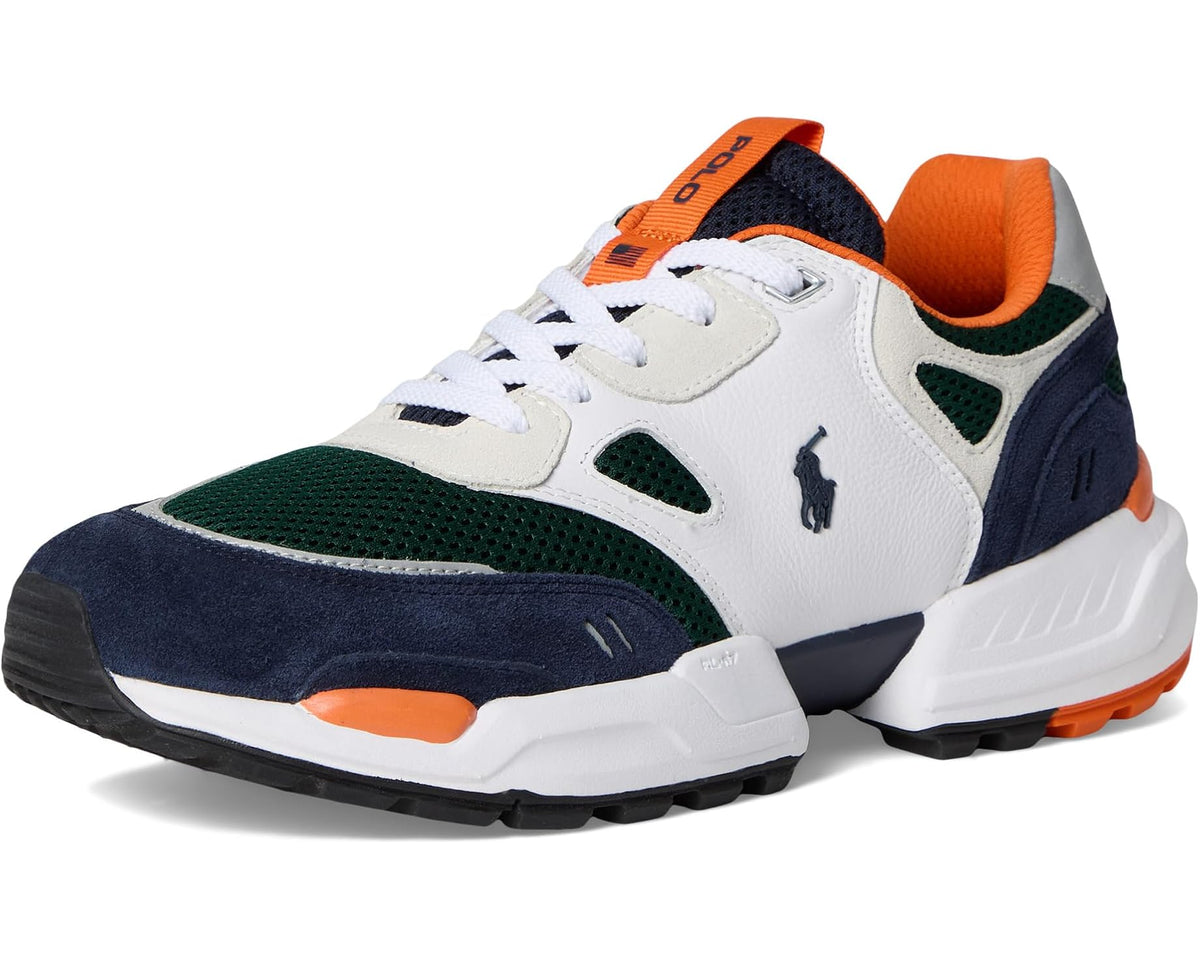Men's Polo Ralph Lauren Polo Jogger sneakers, angled view with navy suede and forest green accents