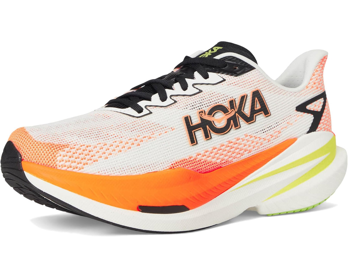 Men's running shoe front three-quarter, white mesh with orange tangerine and neon green sole