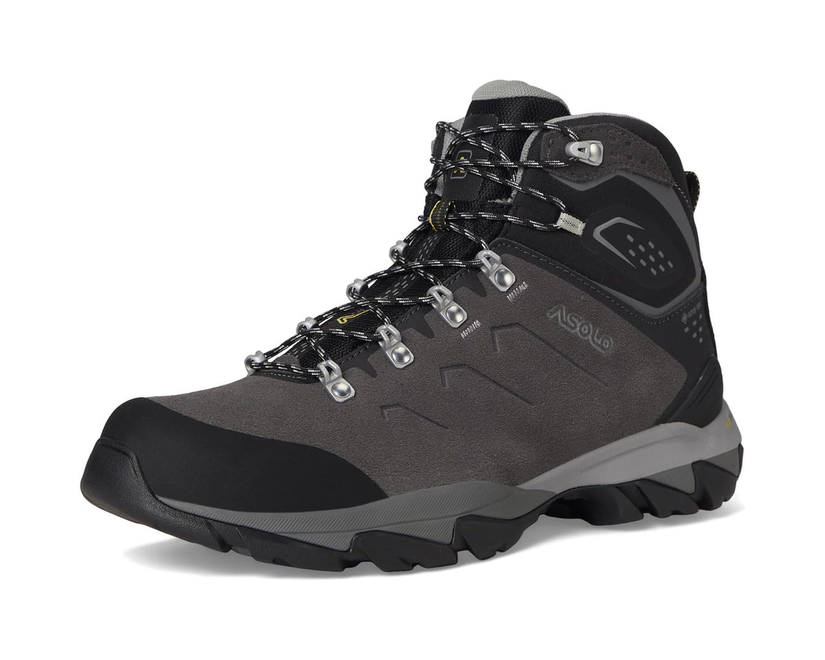 Mid-height hiking boot front angle, graphite and black lace-up with protective rubber toe