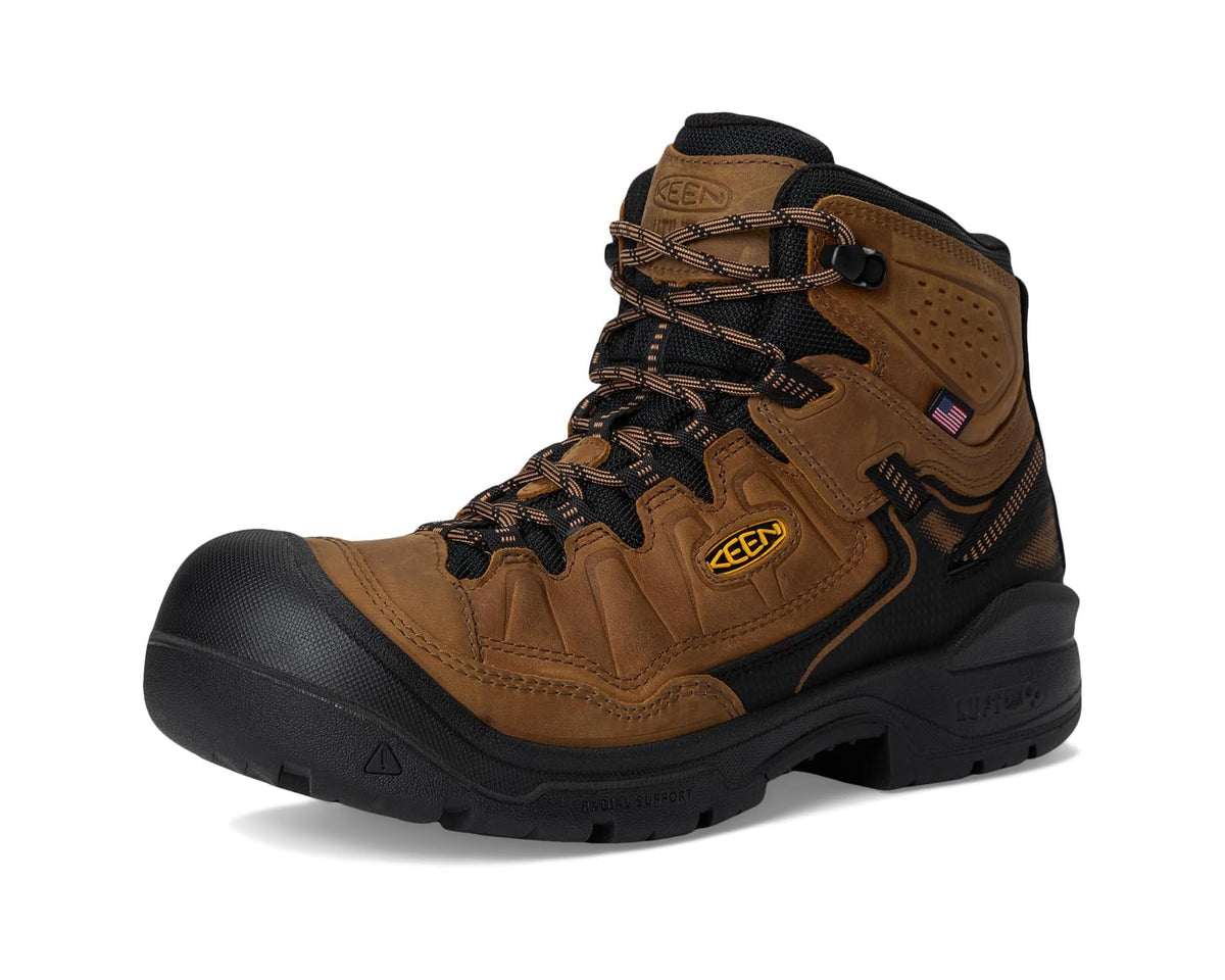 Men's KEEN waterproof boot front 3/4 view, tan upper with black carbon toe cap