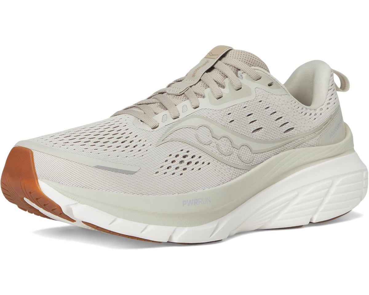 Bone lace-up running shoe with perforated upper, logo detail, and white cushioned sole.