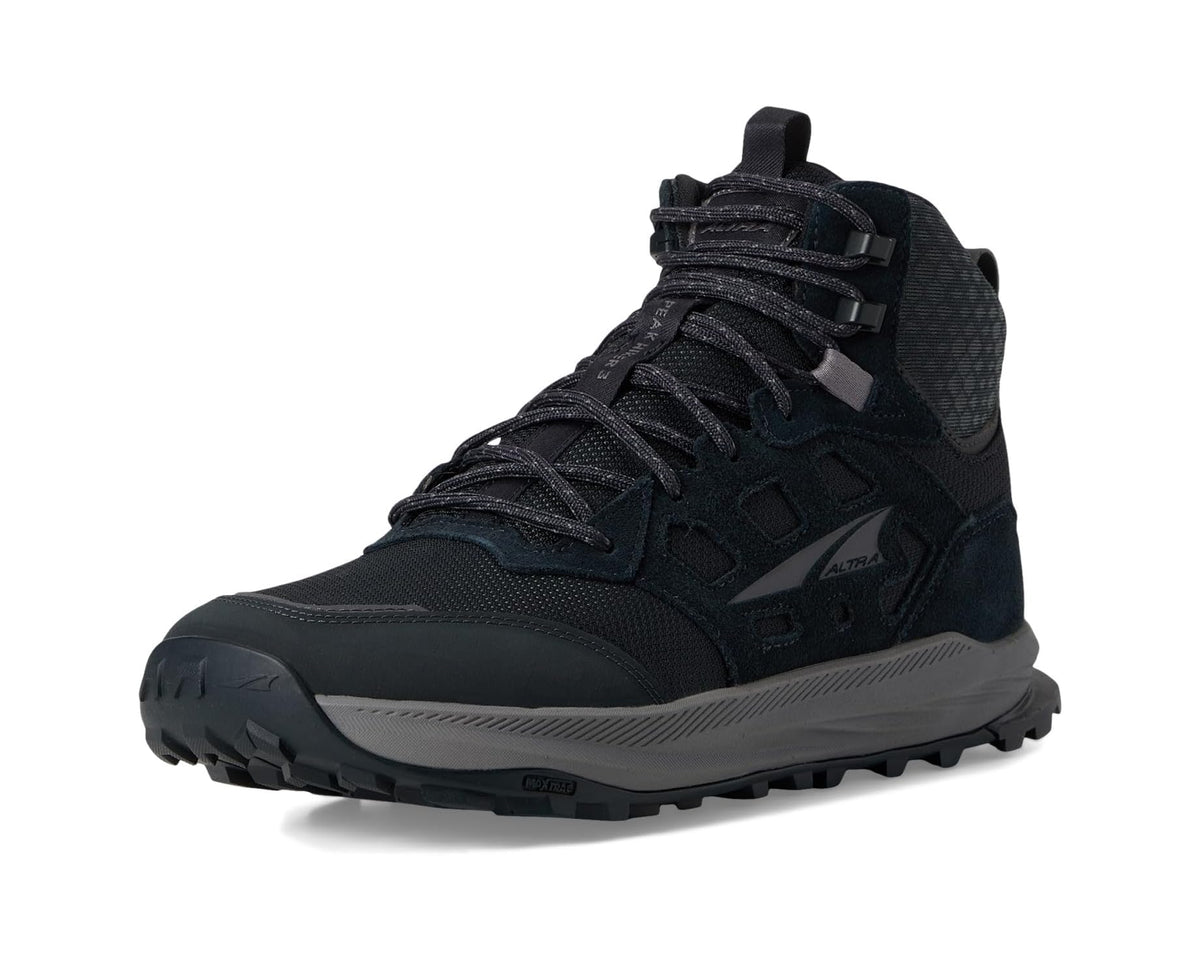 Men's Altra hiking boots front view, black/gray lace-up mid boot with grippy tread