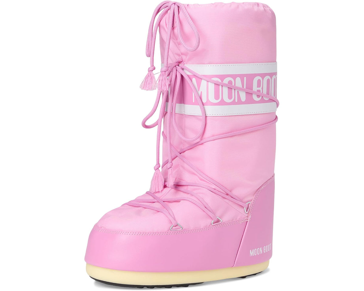 Unisex pink Moon Boot icon nylon boots, angled front view with tassel lace ties