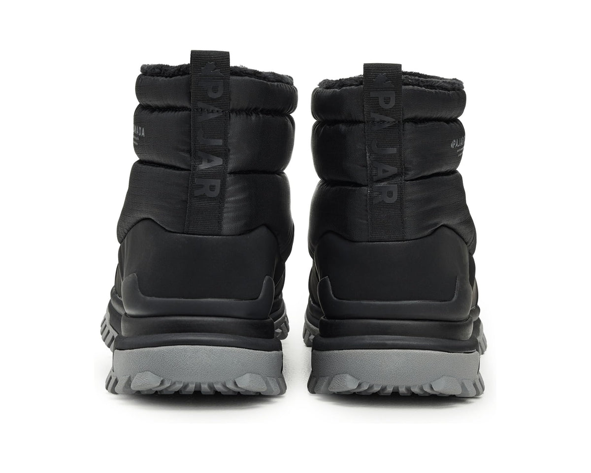 Back view of men's black puffer winter boots with cushioned heel and tread sole