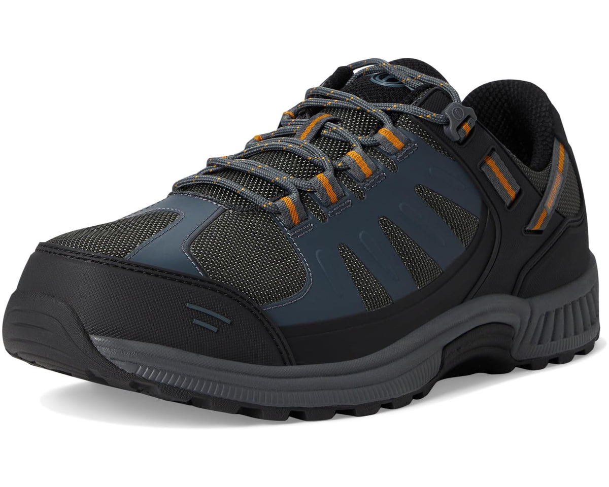 Front 3/4 view of gray and black lace-up athletic shoes with orange lace accents