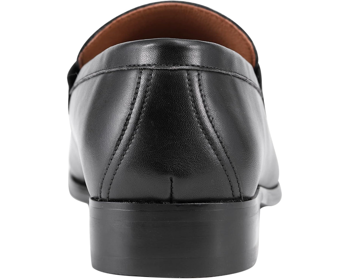Black leather loafer heel and back view with stitched topline