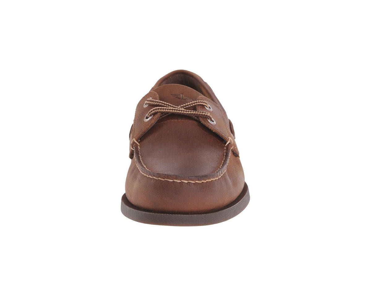 Rust-brown men's boat shoe, rear view with lace-up top
