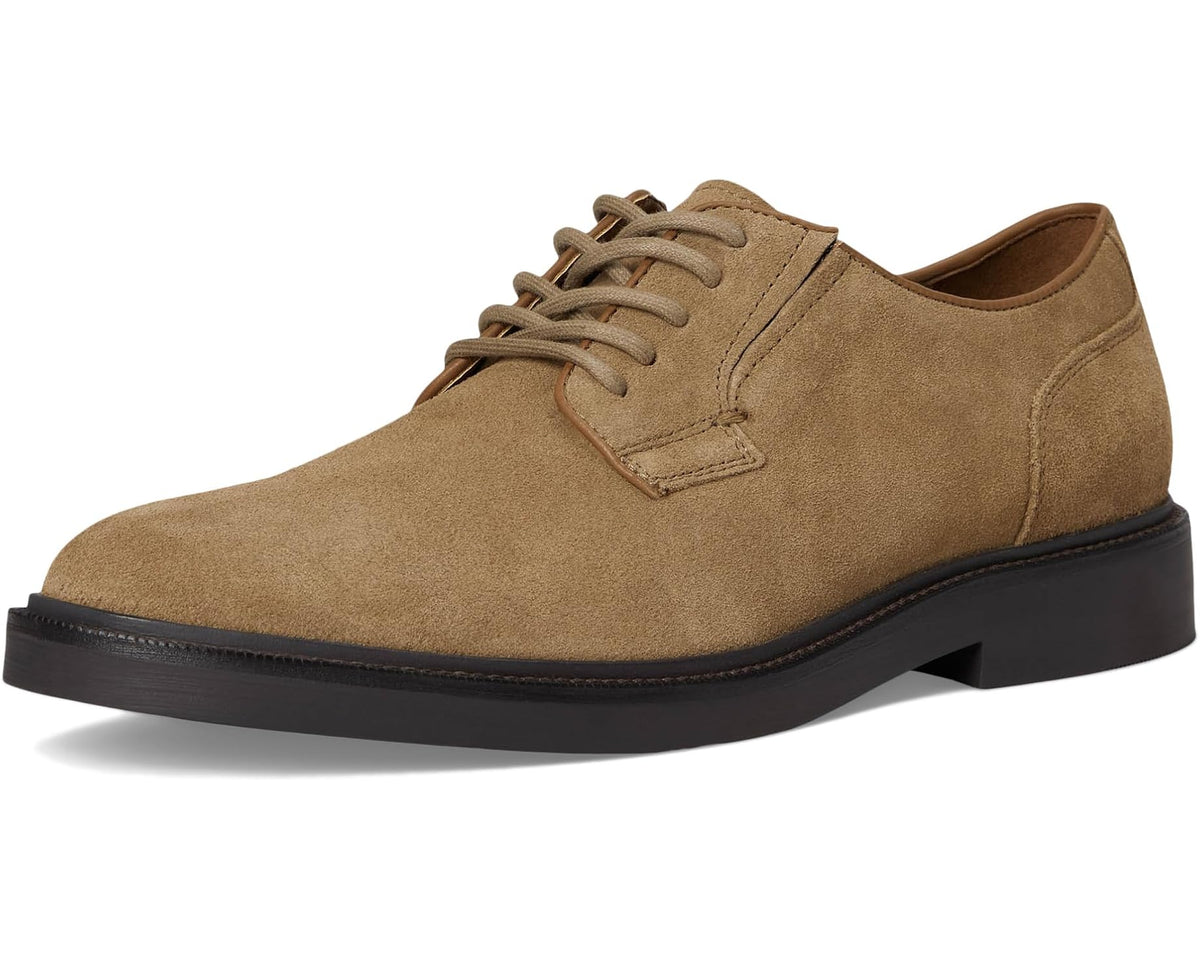 Tan suede lace-up oxford shoe with stitched heel and dark rubber sole