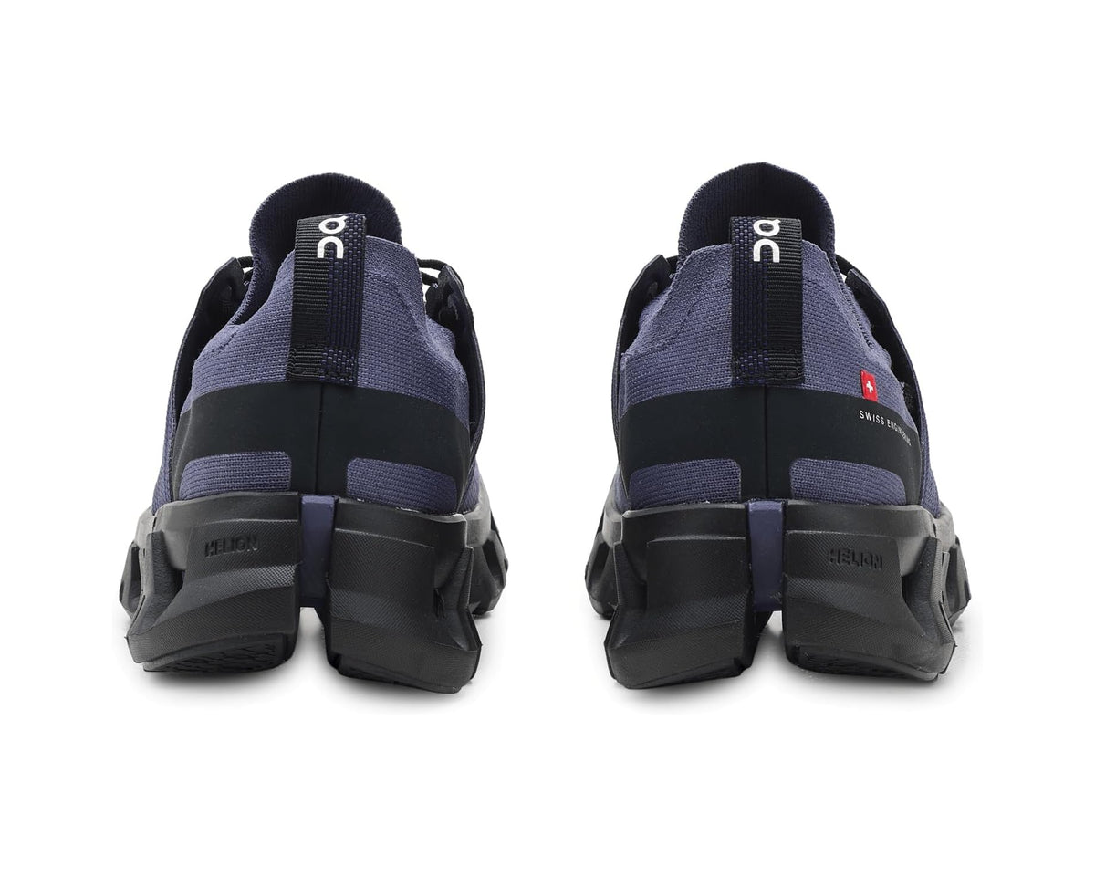Back view of blue running sneakers with black strap details and treaded heel