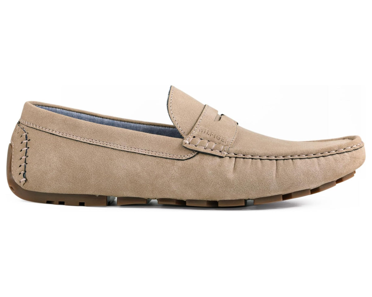 Tommy Hilfiger taupe suede driving loafers with slip-on strap and stitched sole