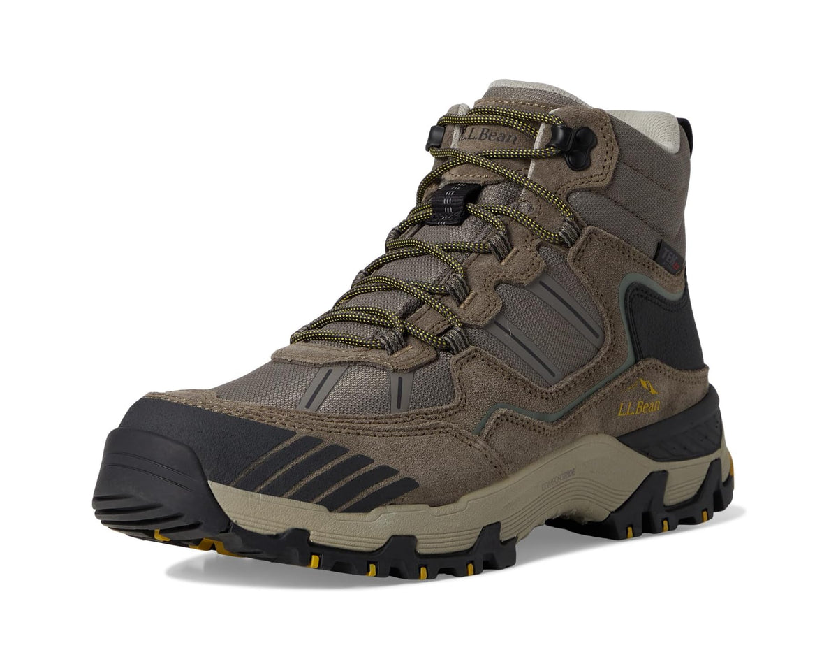 Men's waterproof mid hiker boots, side view in gray-brown with black and green accents