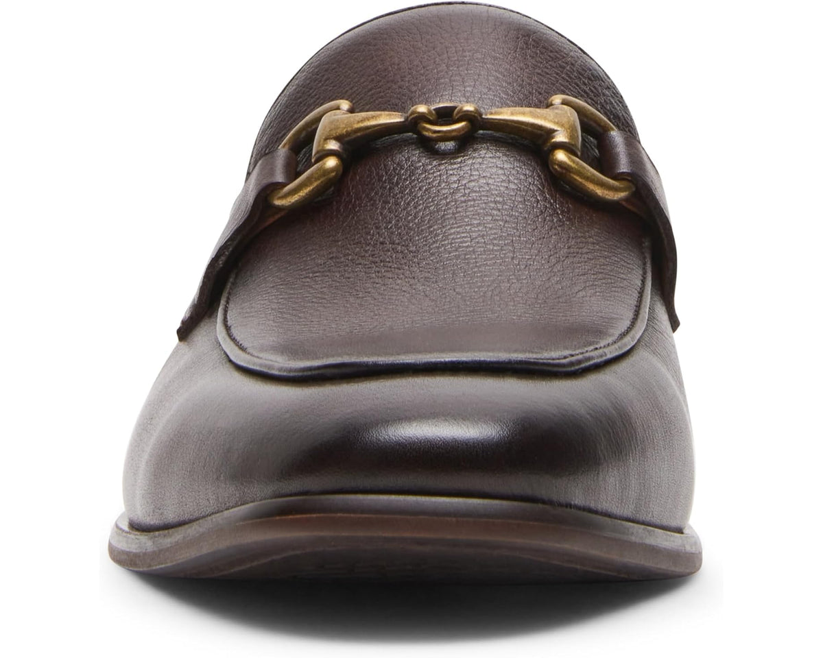 Brown leather loafer heel and back seam with gold-tone horsebit detail