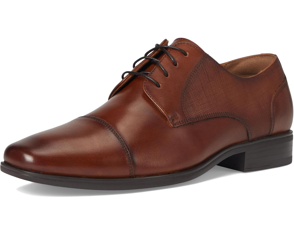 Men's Florsheim cap-toe oxford shoes in cognac leather, lace-up with dark rubber sole