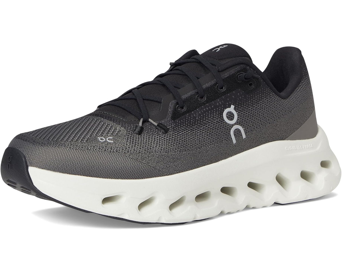 On Cloudtilt running shoes, front side view in black/dark asphalt with white outsole