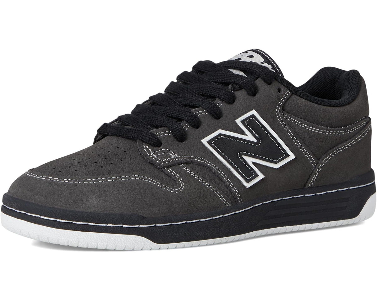 Unisex New Balance 480 low-top sneaker, front 3/4 view with black laces and N logo